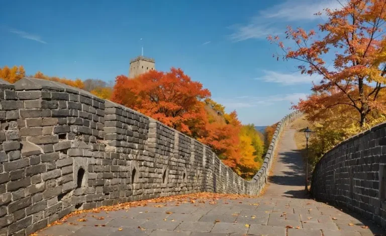 Close-up view of Badaling Great Wall surrounded by vibrant autumn colors