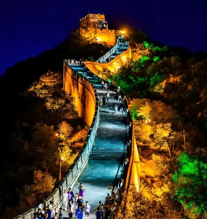 Night view of Badaling Great Wall with lights during evening tour