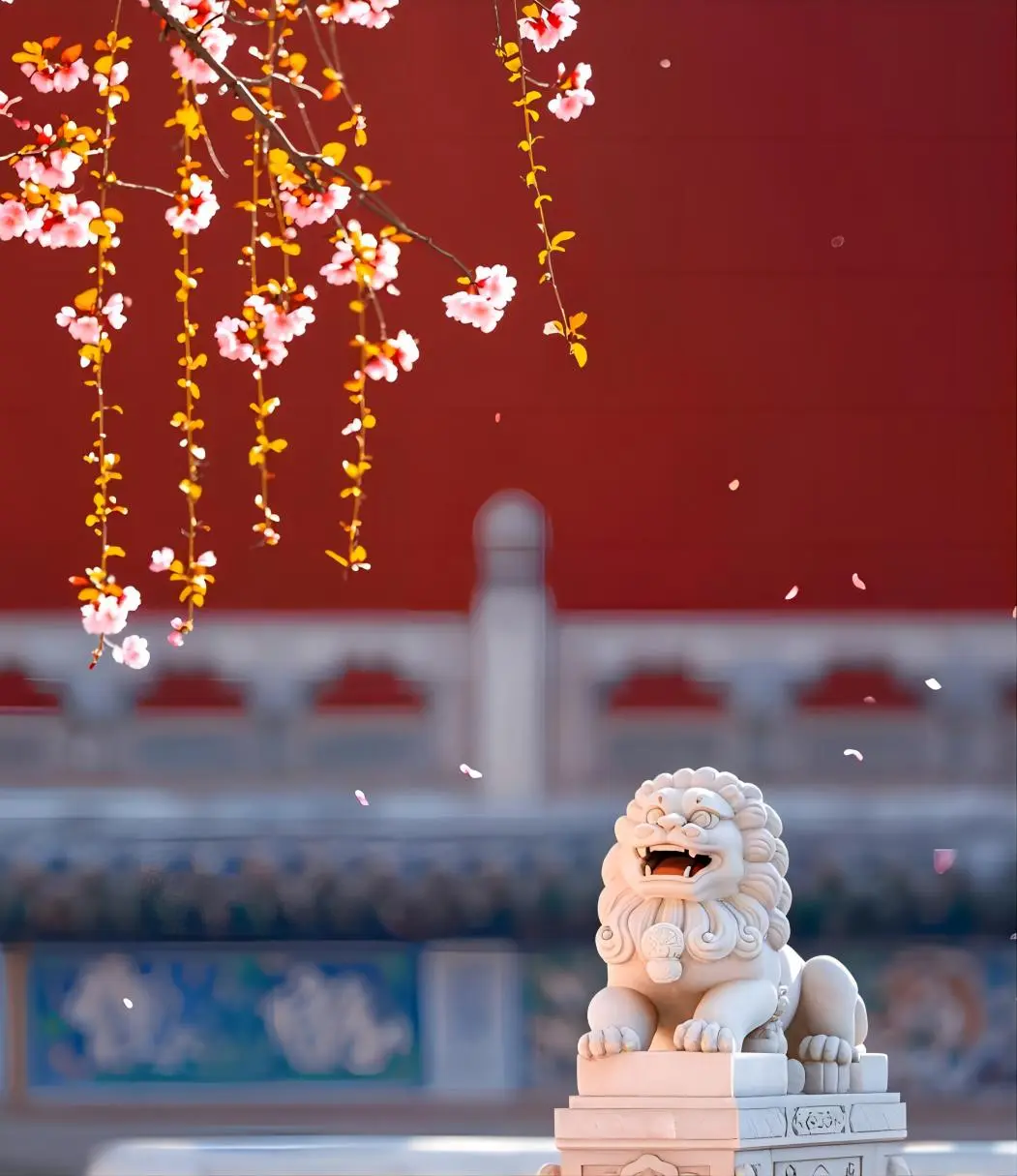 Smiling white marble lion in front of the red walls of Beijing Forbidden City, showcasing traditional Chinese architecture and art