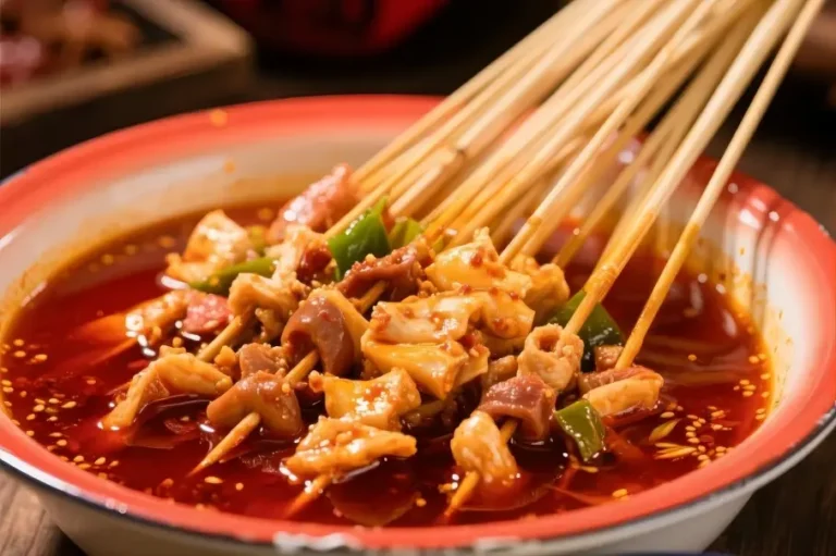 Close-up of Chengdu Bobo Chicken, a spicy Sichuan street food skewers dish popular in Chengdu night markets