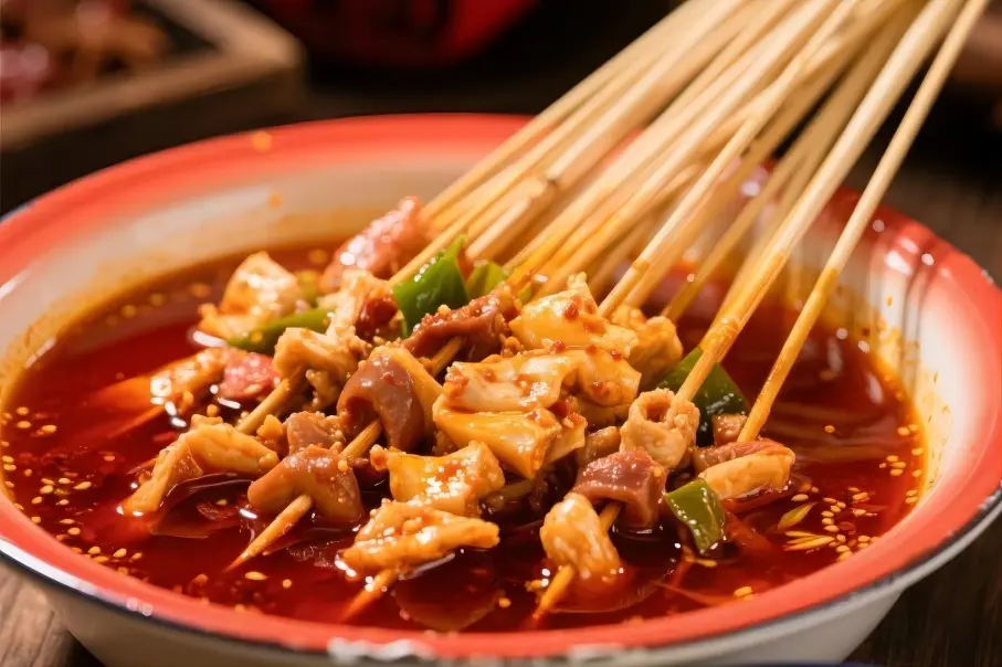 Close-up of Chengdu Bobo Chicken, a spicy Sichuan street food skewers dish popular in Chengdu night markets