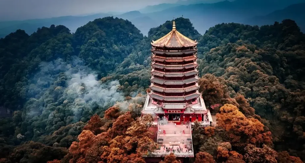 Aerial view of Qingcheng Mountain Front Mountain visited during a Chengdu 5-day itinerary