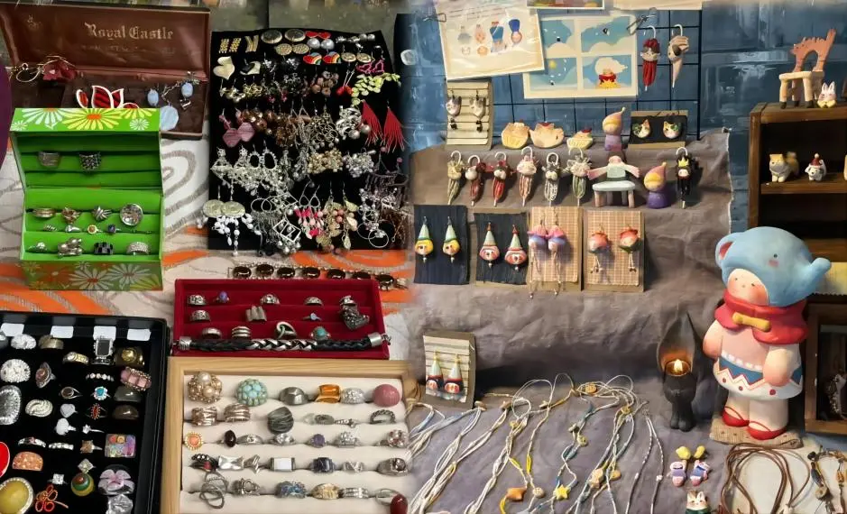 Assorted small accessories and handmade items at Chengdu Yulin Ghost Market, showcasing local youth culture and creative night market shopping experiences