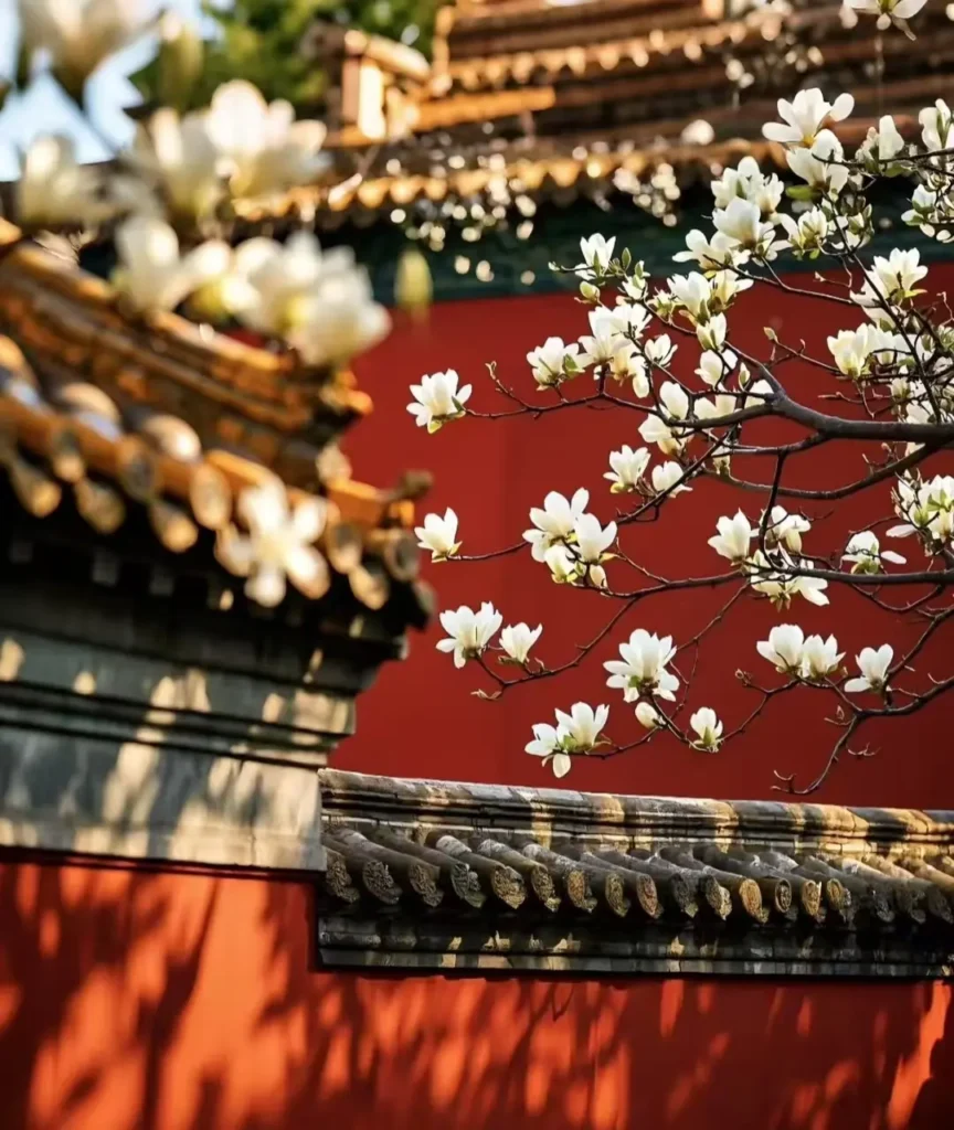 Magnolia flowers blooming beside the red walls of the Forbidden City in Beijing