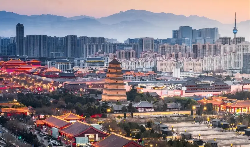 Panoramic view of Xi’an with Giant Wild Goose Pagoda at the center and Grand Tang Evernight City in the middle axis
