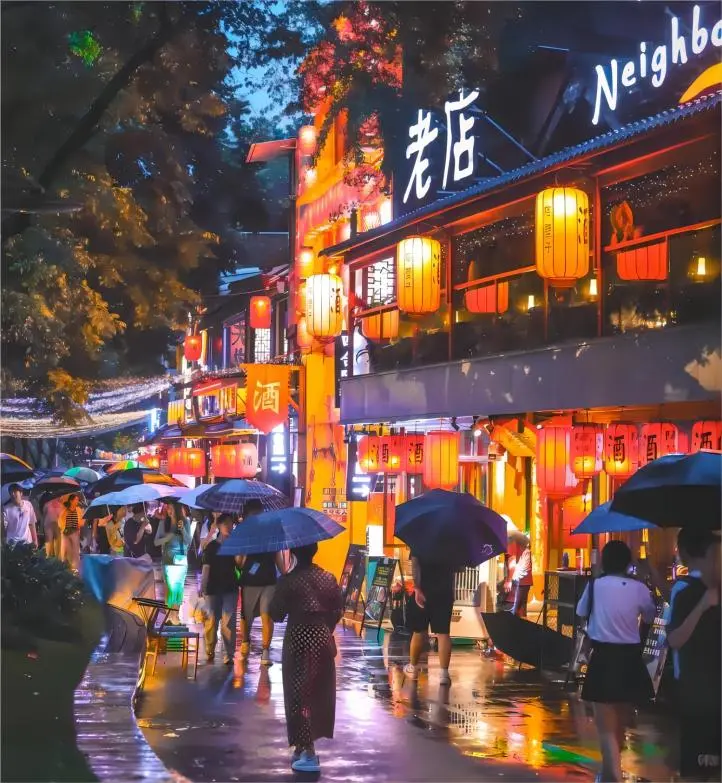Jiuyanqiao Night Market in Chengdu Night Markets, rainy night scene with glowing street lights and lively nightlife reflections