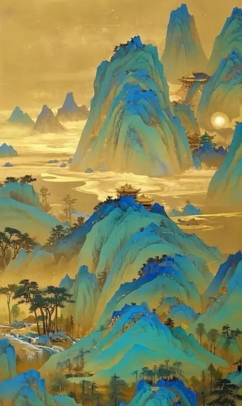 A Thousand Li of Rivers and Mountains painting detail, Forbidden City artifact in Beijing tourist attraction