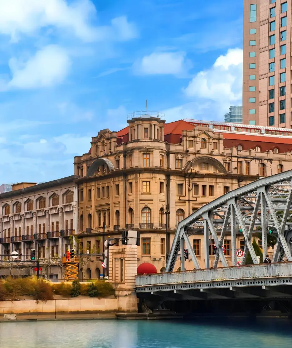 Beautiful street architecture in Shanghai, showcasing modern and historic buildings along urban streets