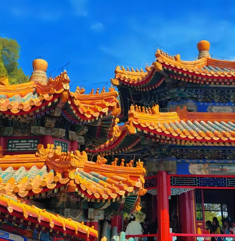 Close-up of historic buildings and architecture inside the Summer Palace Beijing