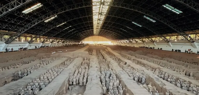 Panoramic view of Pit 1 with life-sized Terracotta Army warriors in Xi’an