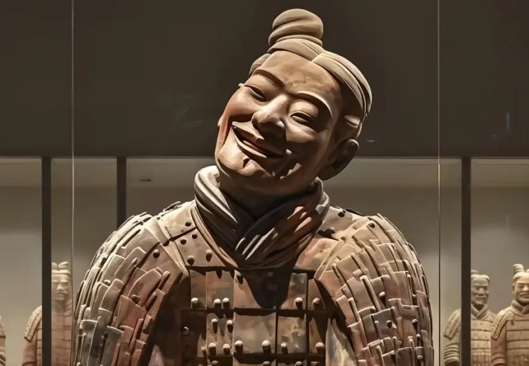 Close-up of a Terracotta Warrior with a tilted head and smiling expression, showcasing the artistry of ancient Qin dynasty sculpture