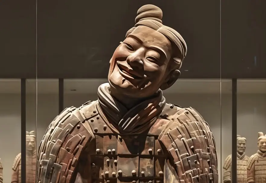 Close-up of a Terracotta Warrior with a tilted head and smiling expression, showcasing the artistry of ancient Qin dynasty sculpture
