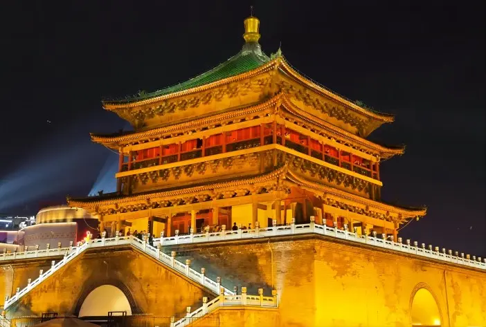 Night view of Xi’an Bell Tower illuminated in the city center