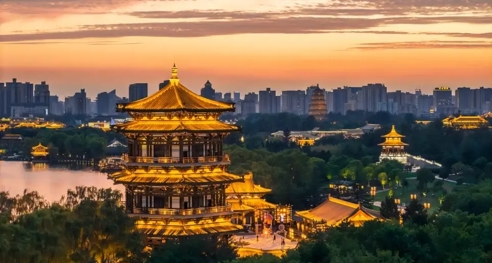 Xi’an panoramic cityscape at sunset with historic and modern buildings