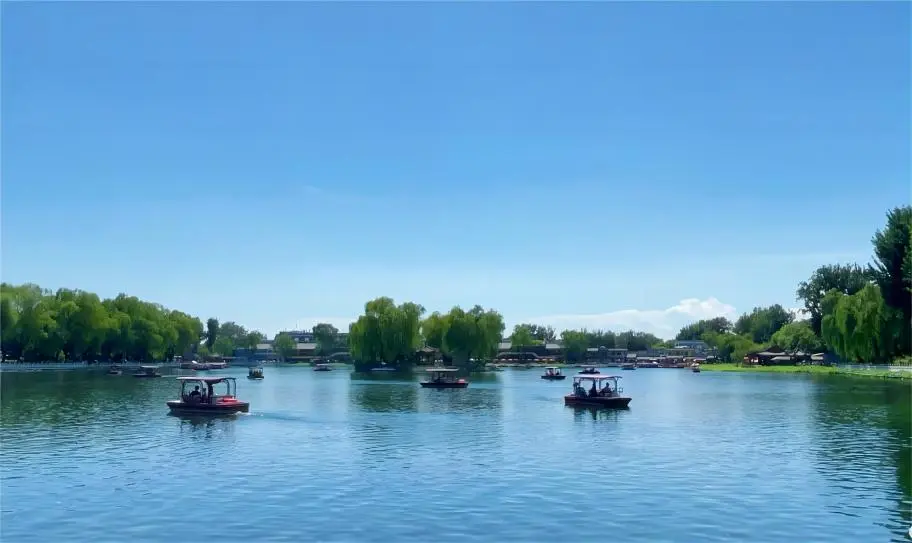 Panoramic view of Shichahai lakes in Beijing with boats and tourists