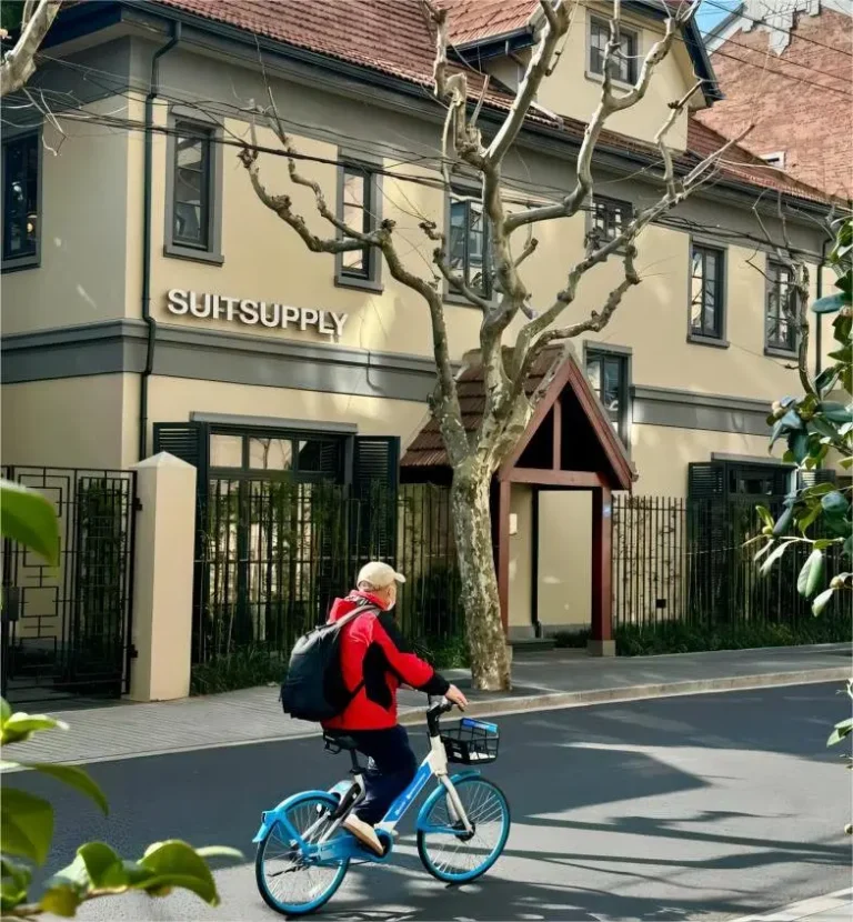 Anfu Road in Shanghai with boutique shops and cafes under plane trees, blending French charm and local Haipai culture.