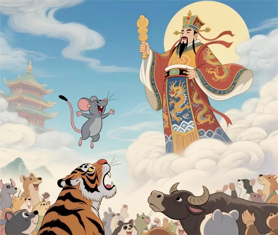 The Jade Emperor announcing the rules of the Heavenly Race, a legendary story of the Chinese Zodiac and Zodiac animals in Chinese culture.