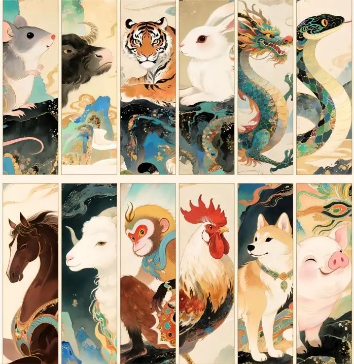 The twelve Zodiac animals together, representing the complete Chinese Zodiac (Shengxiao) and its cultural significance in Chinese culture.