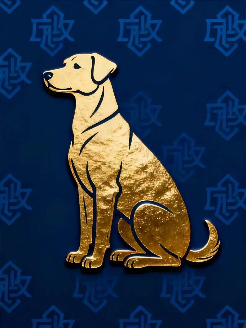 Chinese traditional zodiac dog illustration in gold on a blue background, representing loyalty and protection.
