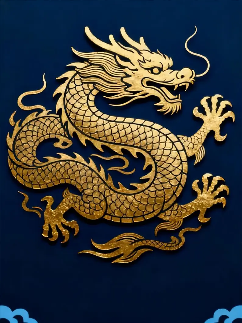 Chinese traditional zodiac dragon illustration in gold on a blue background, representing authority and luck.