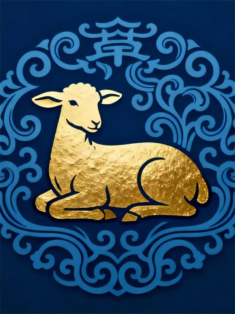 Chinese traditional zodiac goat illustration in gold on a blue background, symbolizing kindness and creativity.
