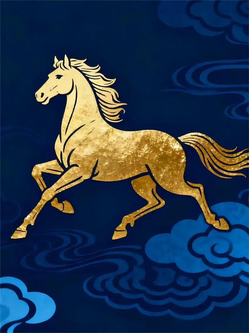 Chinese traditional zodiac horse illustration in gold on a blue background, symbolizing kindness and creativity.