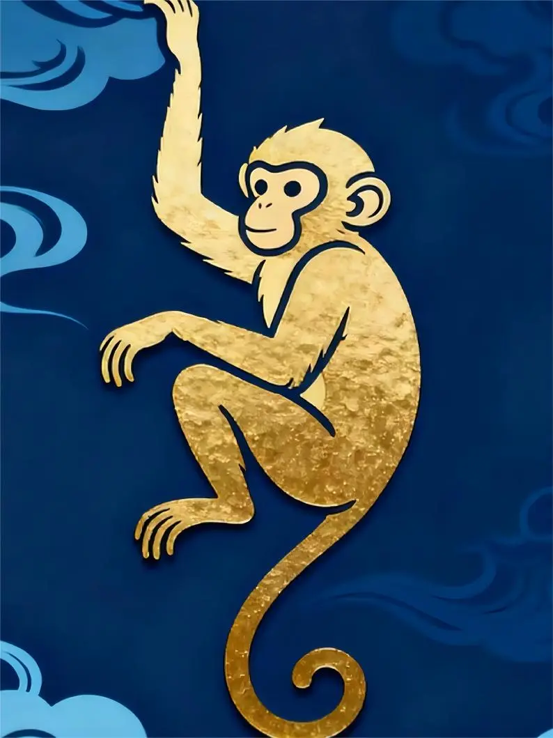 Chinese traditional zodiac monkey illustration in gold on a blue background, representing cleverness and agility.