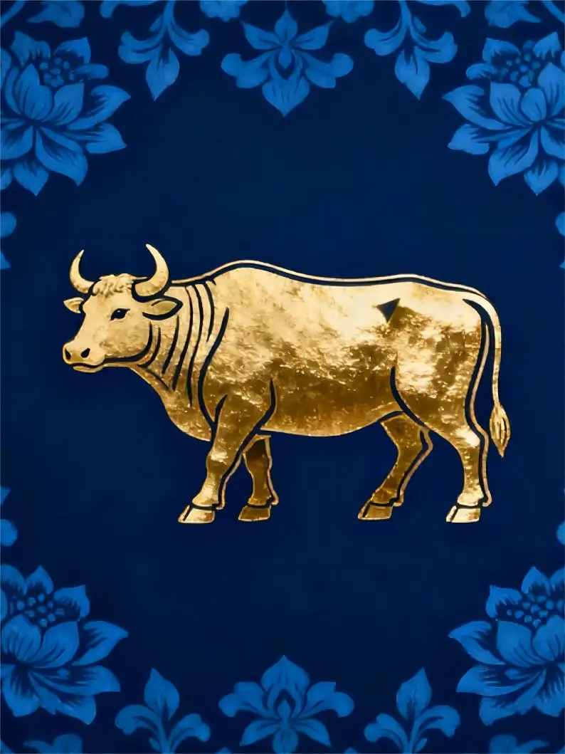 Chinese traditional zodiac ox illustration in gold on a blue background, representing strength and diligence.