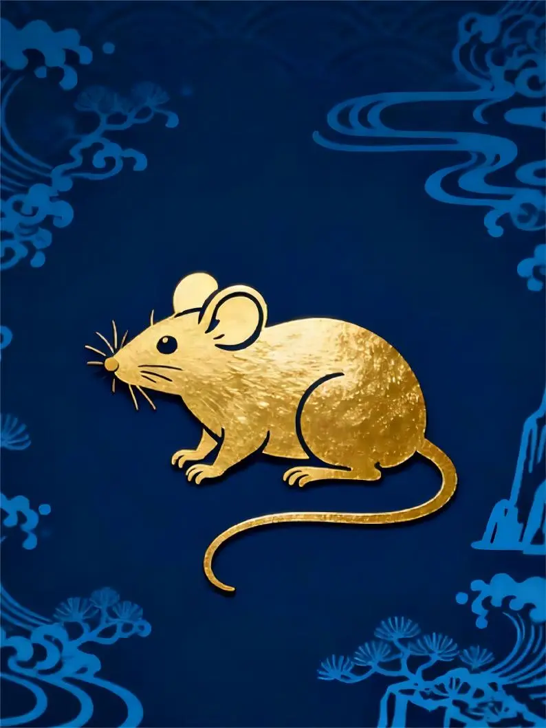 Chinese traditional zodiac rat illustration in gold on a blue background, representing Smart and Strategic