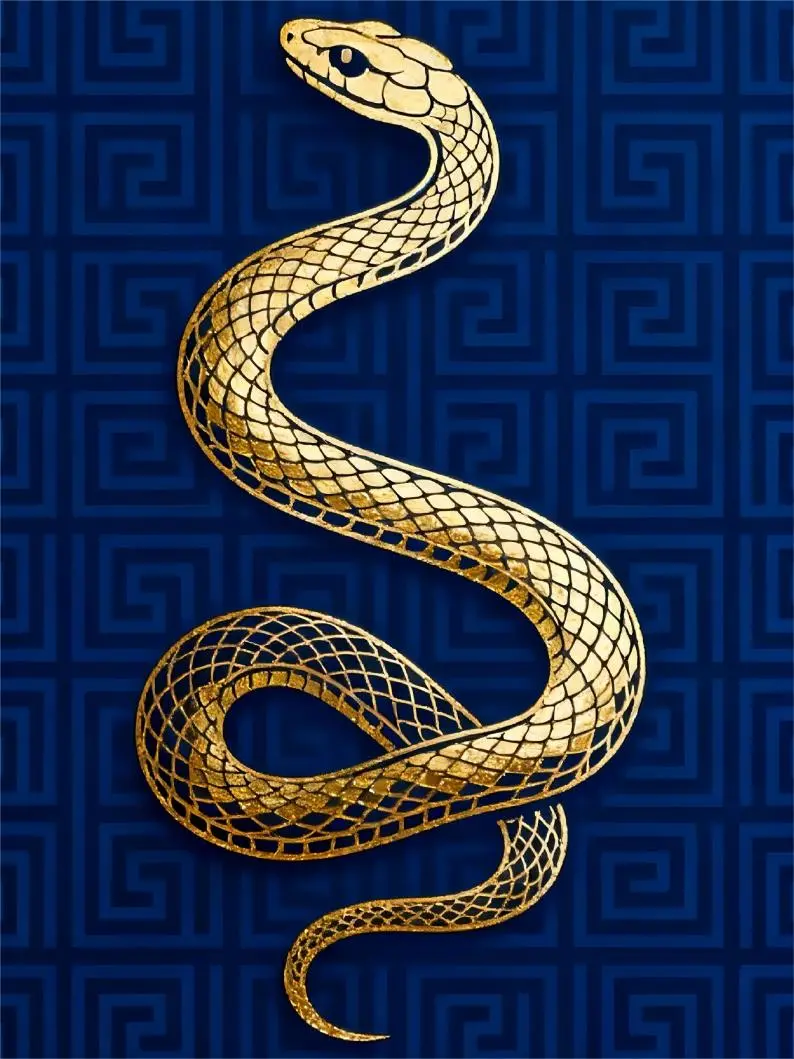 Chinese traditional zodiac snake illustration in gold on a blue background, symbolizing intelligence and charm.