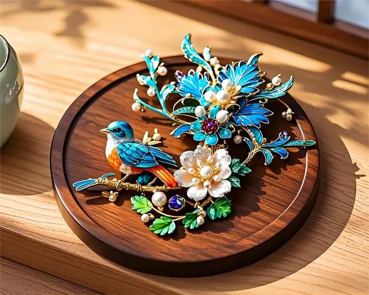 Close-up of a Cloisonné Beijing brooch featuring delicate flower and bird motifs, showcasing fine enamel detail and vibrant colors.