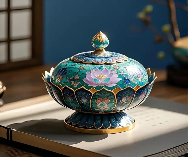 Close-up of a traditional Cloisonné incense burner from Beijing, showcasing the rich blue enamel and gold filigree craftsmanship
