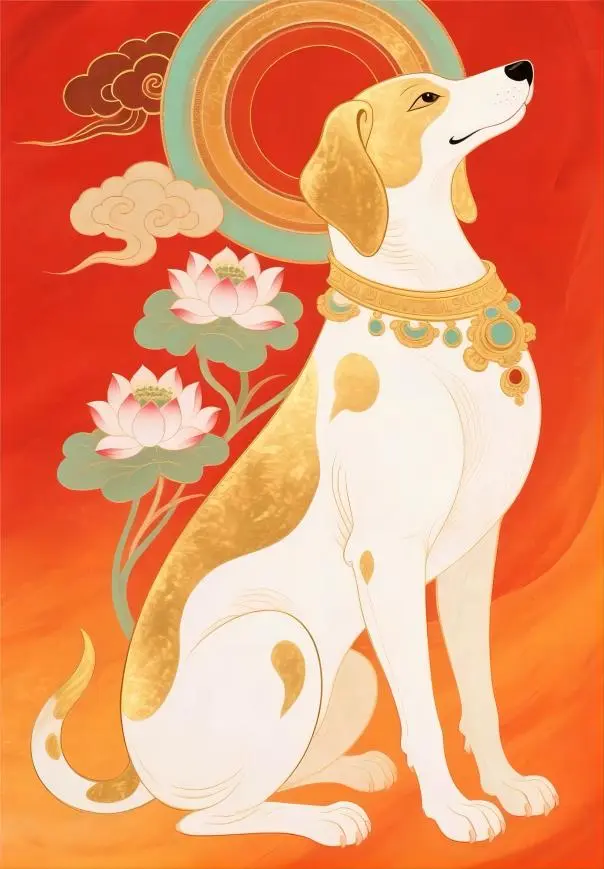 Dog Chinese Zodiac in red Dunhuang style, symbolizing loyalty and protective fortune