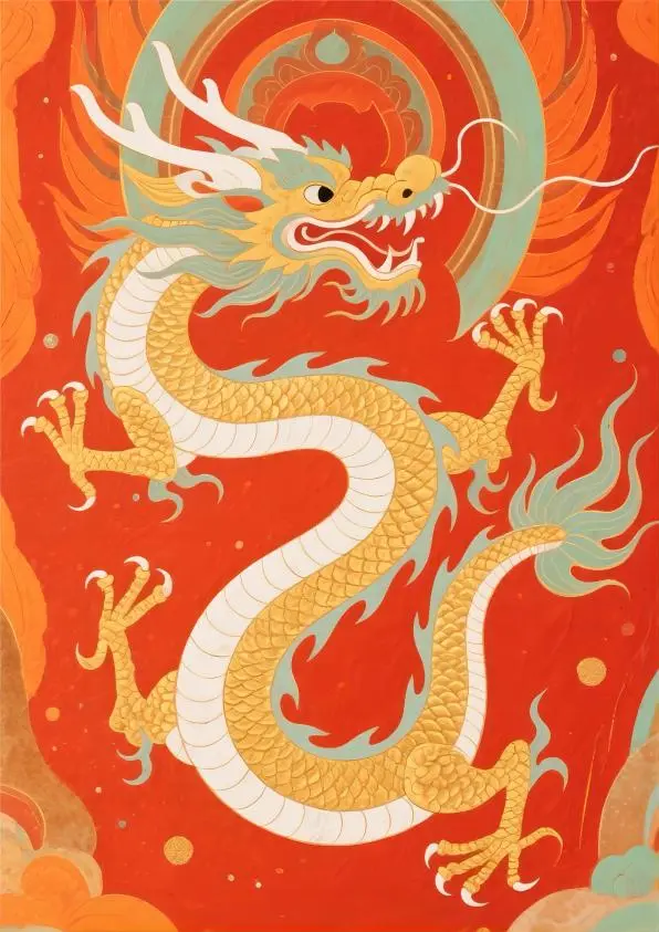 Dragon Chinese Zodiac in red Dunhuang style, symbolizing strength and auspicious fortune