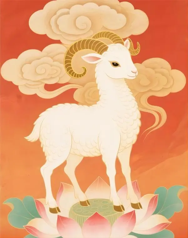Goat Chinese Zodiac in red Dunhuang style, symbolizing creativity and gentle personality