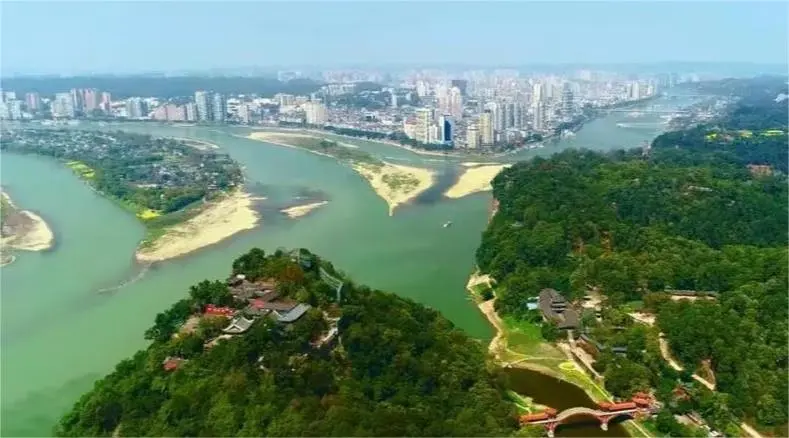 Aerial view of the Three Rivers confluence near the Leshan Giant Buddha, where the Min, Qingyi, and Dadu Rivers meet in Sichuan, China.
