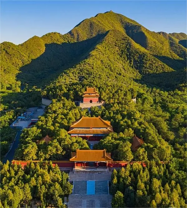 Aerial panoramic view of the Ming Tombs in Beijing with the Yan Mountains in the background