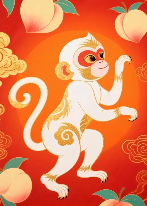 Monkey Chinese Zodiac in red Dunhuang style, representing cleverness and playful fortune