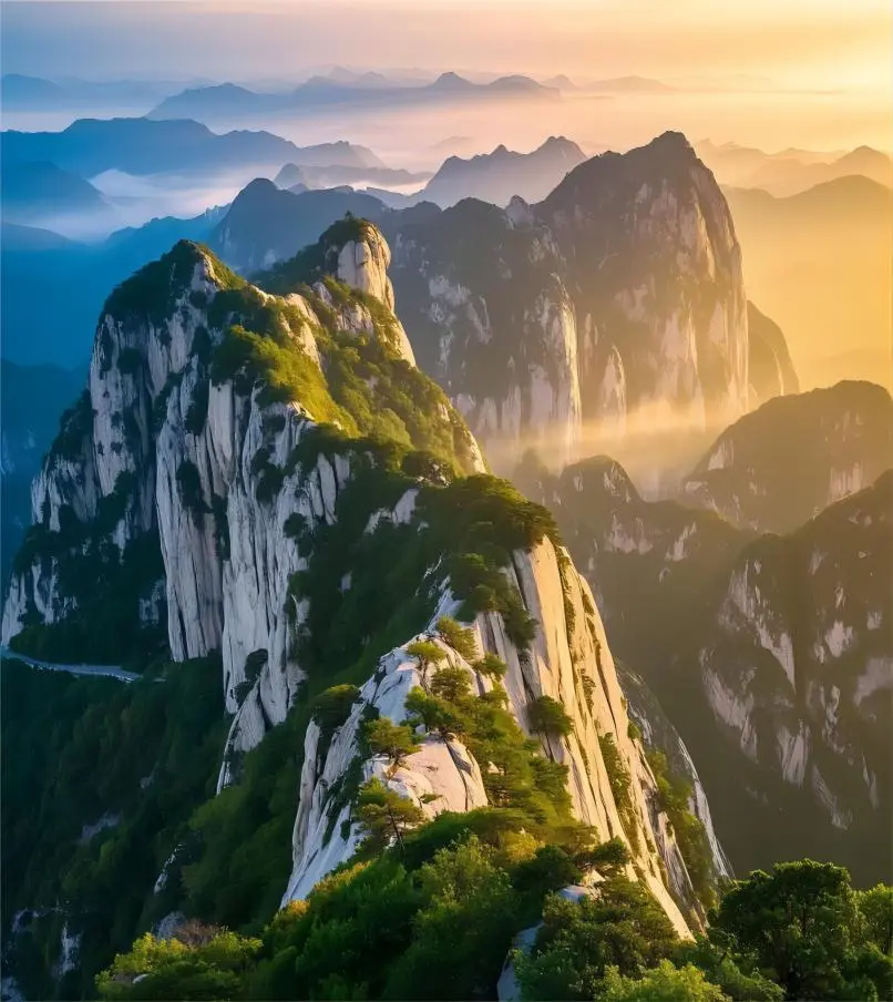 Dramatic panoramic view of Mount Hua, highlighting the steep and rugged peaks.