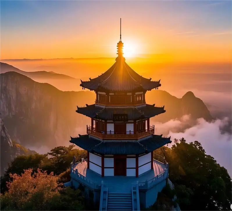 Sunrise and sea of clouds around a Mount Hua temple, creating a mystical morning view.