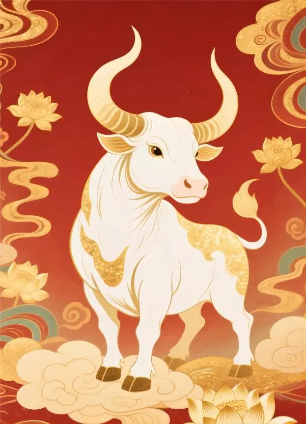 Ox Chinese Zodiac in red Dunhuang style, representing diligence and steady personality