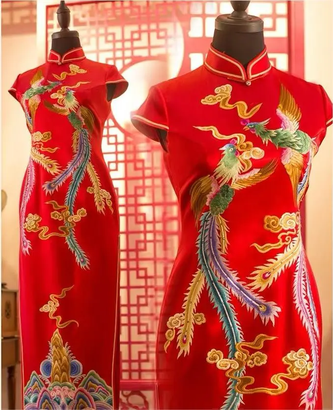 Shanghai-style dragon and phoenix qipao, showcasing traditional embroidery techniques in China’s Intangible Cultural Heritage