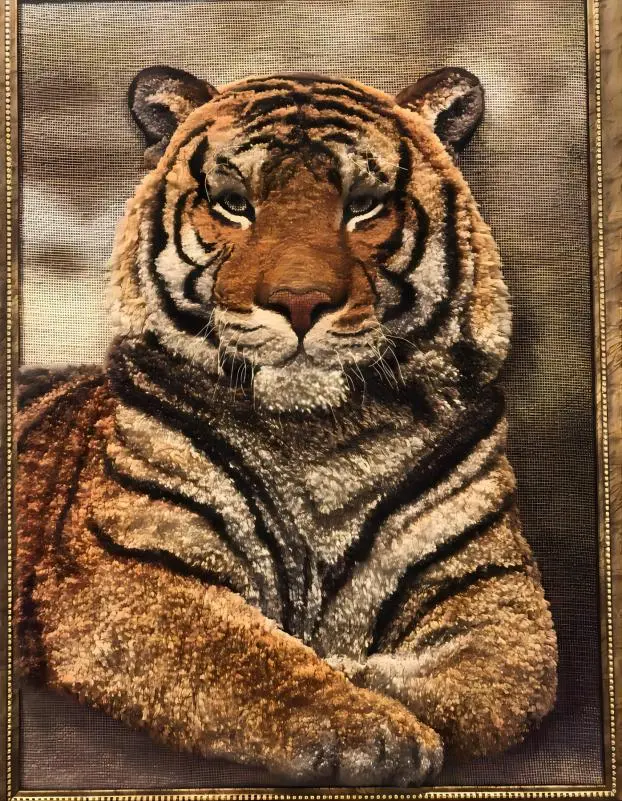 Shanghai Wool Embroidery (Rongxiu) of a tiger, showcasing intricate needlework and Oriental oil painting style