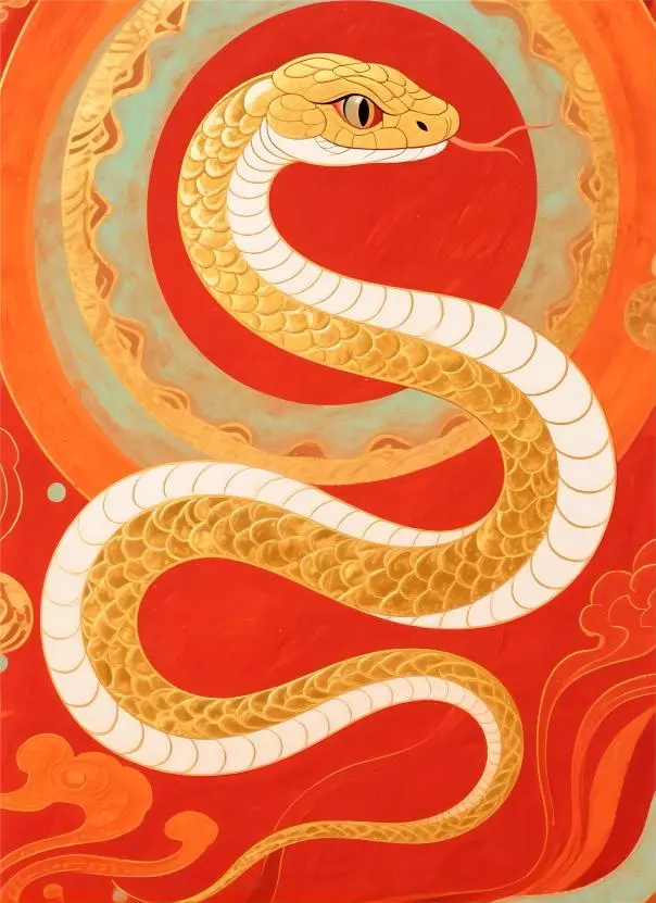 snake Chinese Zodiac in red Dunhuang style, showcasing vigilance and confident personality