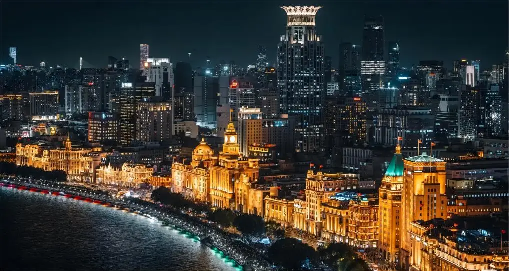 The Bund Shanghai panoramic night view with Huangpu River and Lujiazui skyline