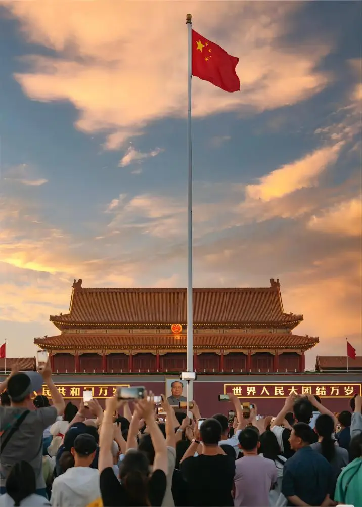 Tourists enjoying sunset and photographing the flag at Tiananmen Square