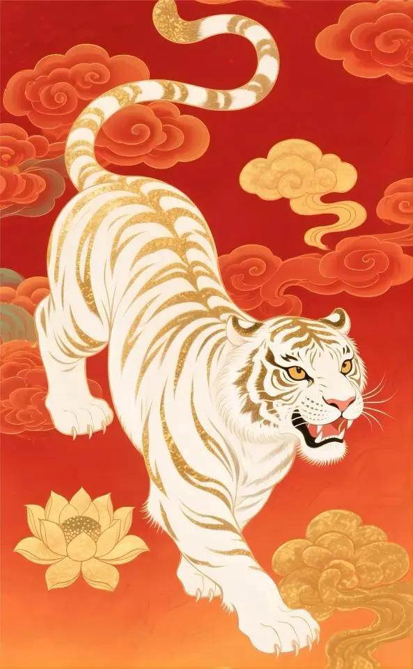 Tiger Chinese Zodiac in red Dunhuang style, showcasing courage and bold fortune