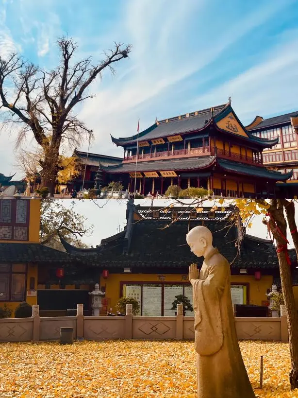 Baoguo Temple, an ancient, solemn Buddhist temple located by Dianshan Lake, Shanghai, featuring traditional architecture and a serene, peaceful environment.