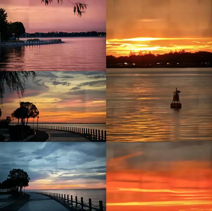 A magnificent view of the sunset over Dianshan Lake, Shanghai, at dusk, with the sky painted orange and red and the glow reflecting on the water.