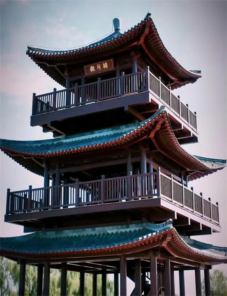 Lotus-viewing tower at Baiyangdian Lake, Beijing, overlooking blooming lotus gardens and reed marshes.